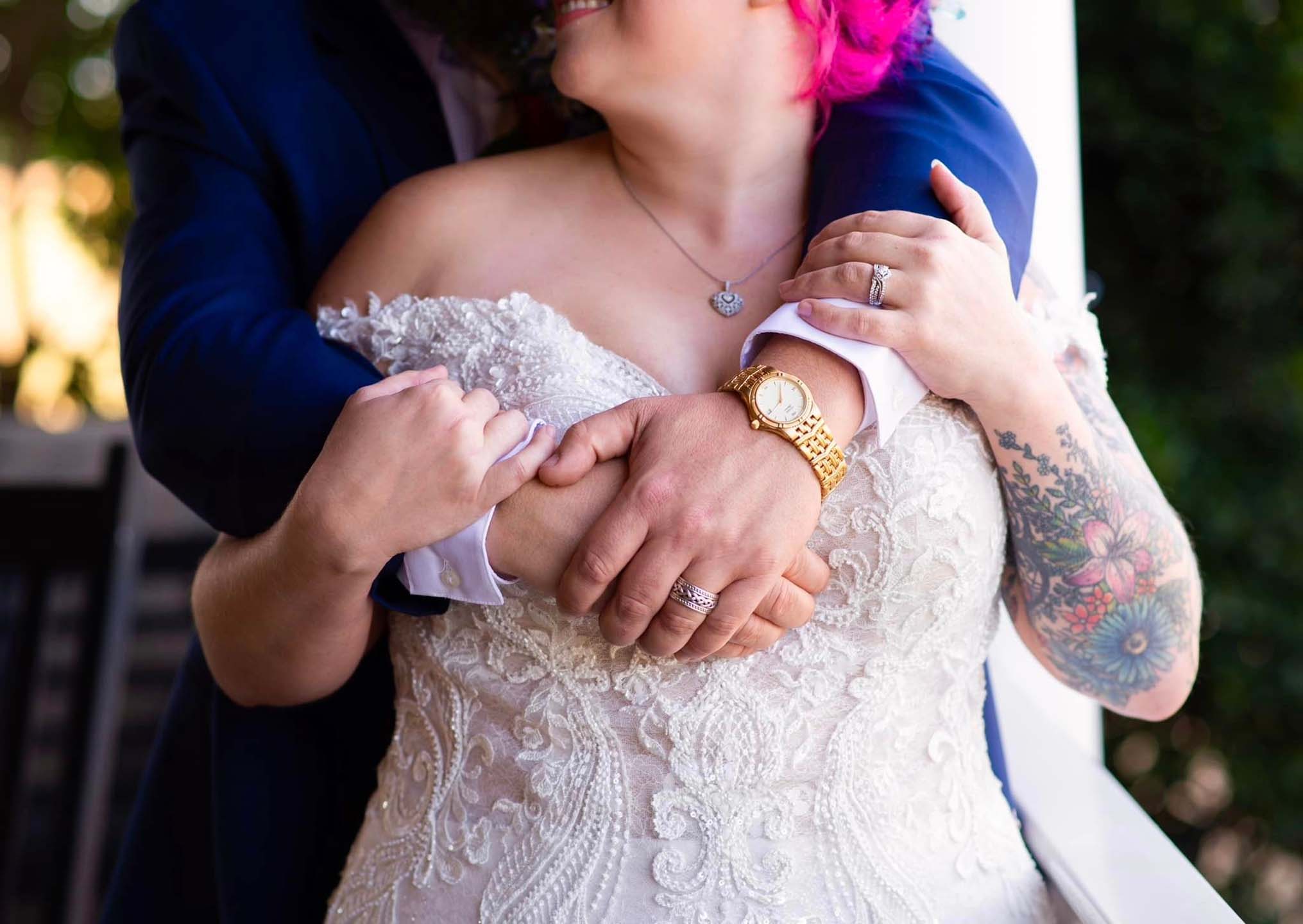 Up close shot of wedding accessories and jewelry.